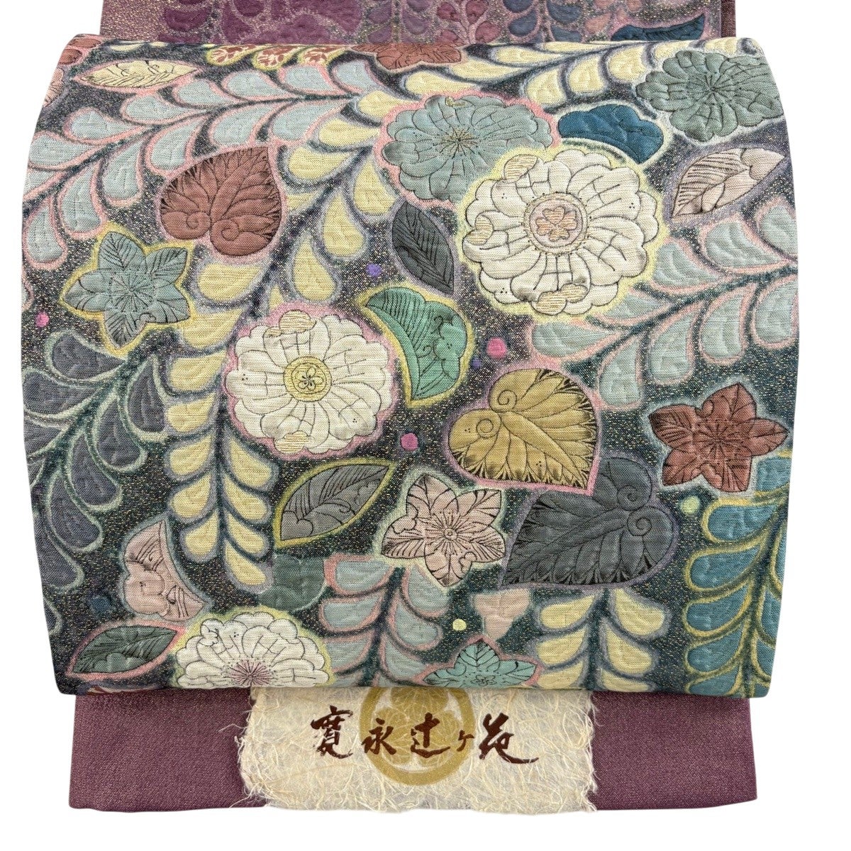 帯6112 ●高級 正絹 太鼓全通 袋帯 辻ヶ花 美品】 袋帯 秀品 証紙あり 辻が花 金糸 箔 紫 お太鼓柄 正絹｜中古