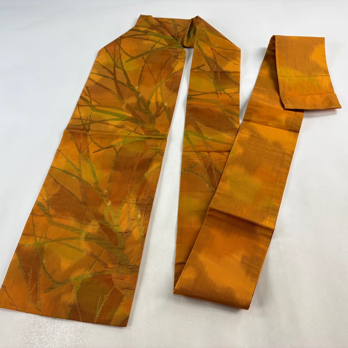 美品】 名古屋帯 優品 紬地 関西仕立て 枝 山吹茶色 正絹｜中古・古着