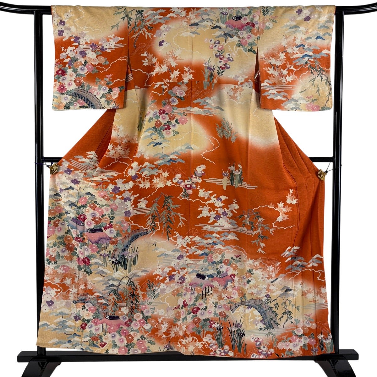 訪問着 身丈157cm 裄丈60cm S 袷 家屋 菊 ぼかし オレンジ 正絹 秀品 訪問着 身丈157cm 裄丈60cm S 袷 家屋 菊 ぼかし オレンジ 正絹 秀品