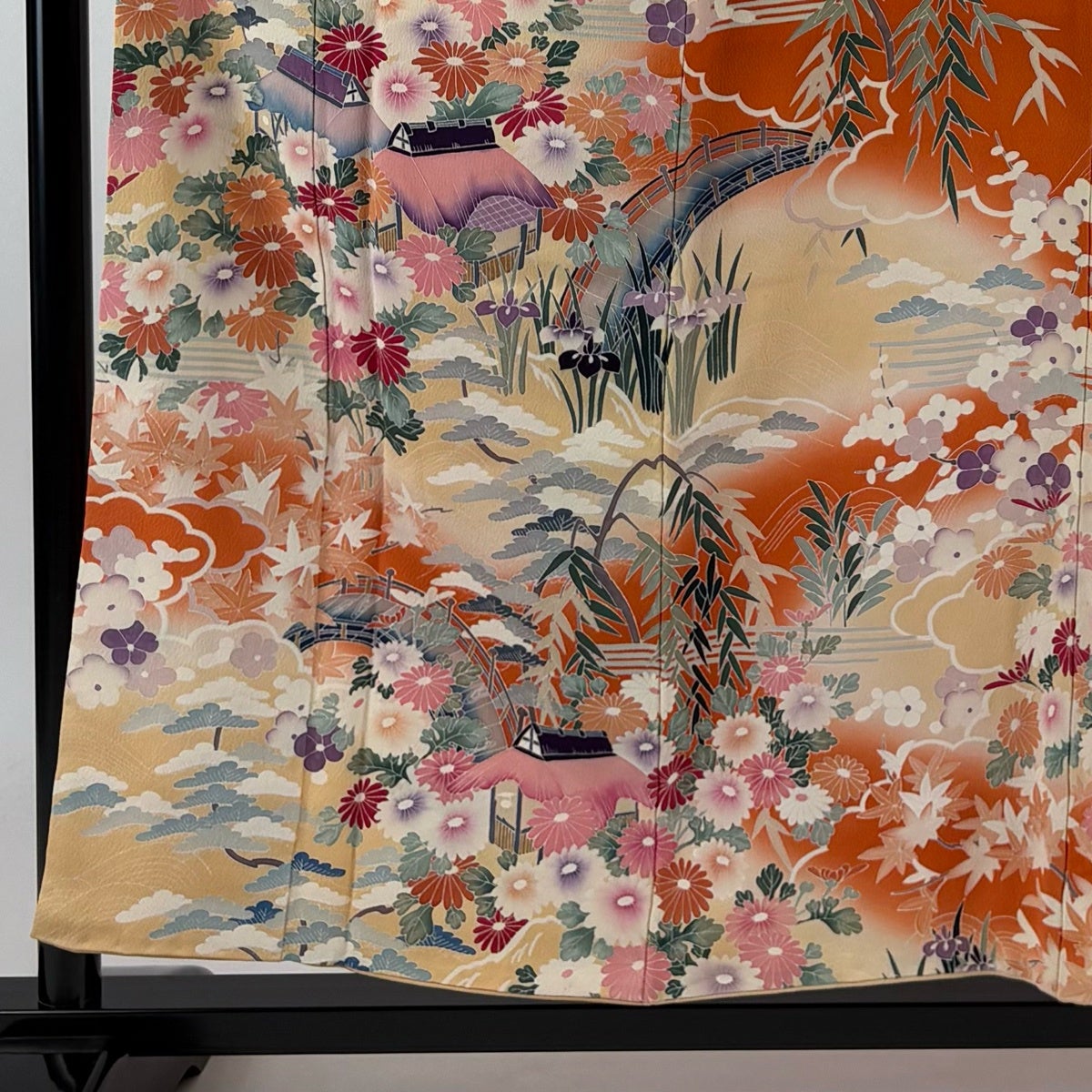 訪問着 身丈157cm 裄丈60cm S 袷 家屋 菊 ぼかし オレンジ 正絹 秀品