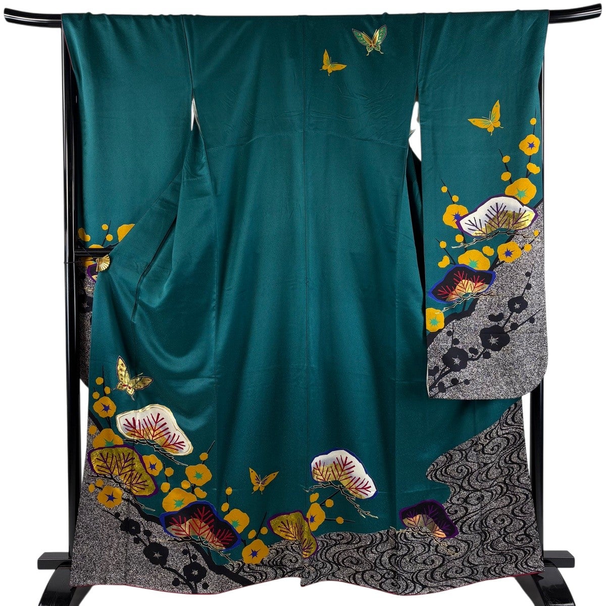 振袖 身丈163.5cm 裄丈68cm L 袷 笠松 蝶 金彩 染め分け 緑 正絹 秀品