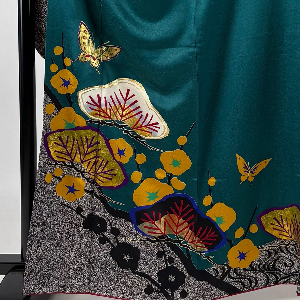 振袖 身丈163.5cm 裄丈68cm L 袷 笠松 蝶 金彩 染め分け 緑 正絹 秀品