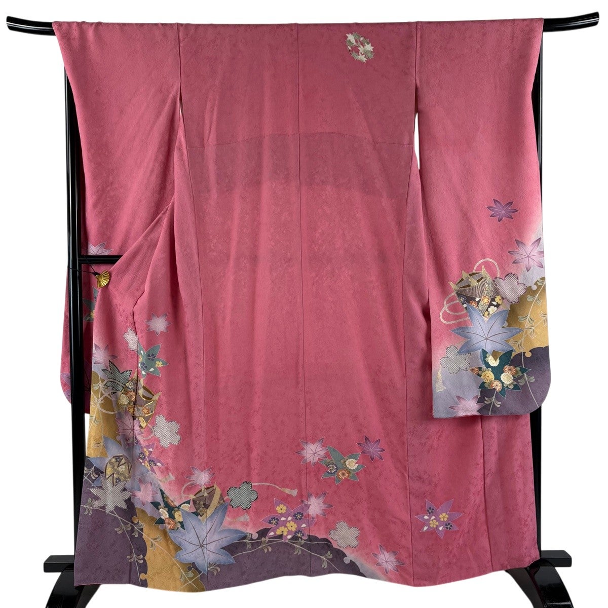 振袖 身丈161.5cm 裄丈67.5cm L 袷 糸巻 楓 金彩 金糸 ピンク 正絹 秀
