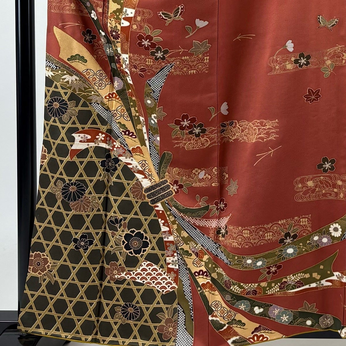 訪問着 身丈161cm 裄丈64cm M 袷 束ね熨斗 草花 金糸 金彩 赤茶 正絹
