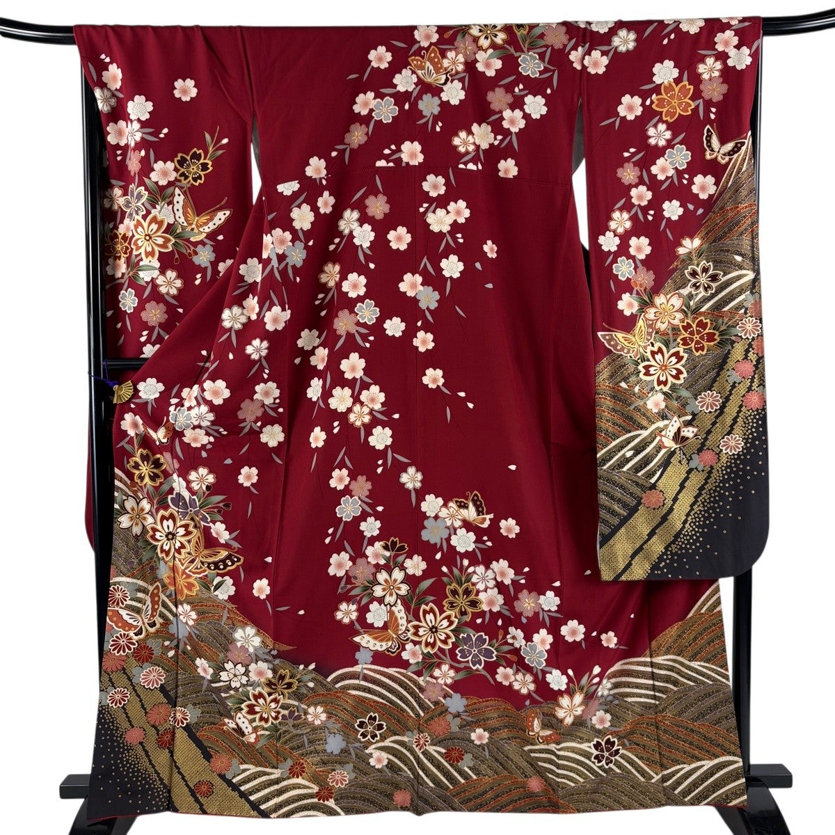 振袖 身丈164cm 裄丈69cm L 袷 蝶 桜 金彩 赤 正絹 秀品｜中古・古着