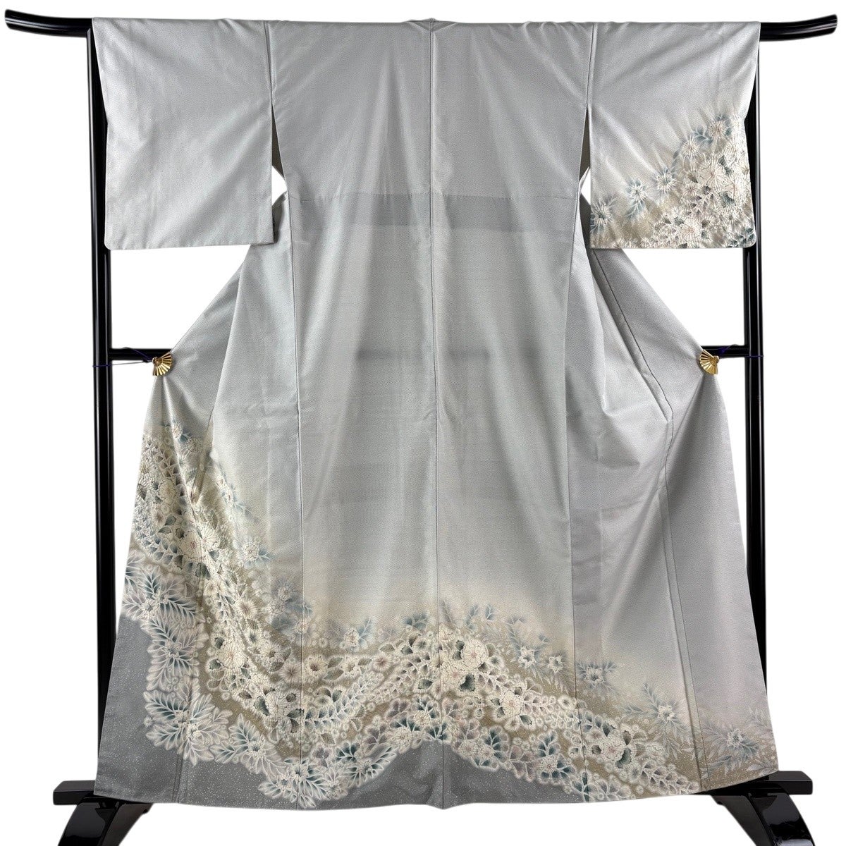 裄６８.５ｃｍ　伝統的工芸品【置賜紬】　【トールサイズ】の辻が花　新品のお着物 付下げ 身丈160cm 裄丈66.5cm M 袷 紬地 辻が花 幾何学 ぼかし 灰白