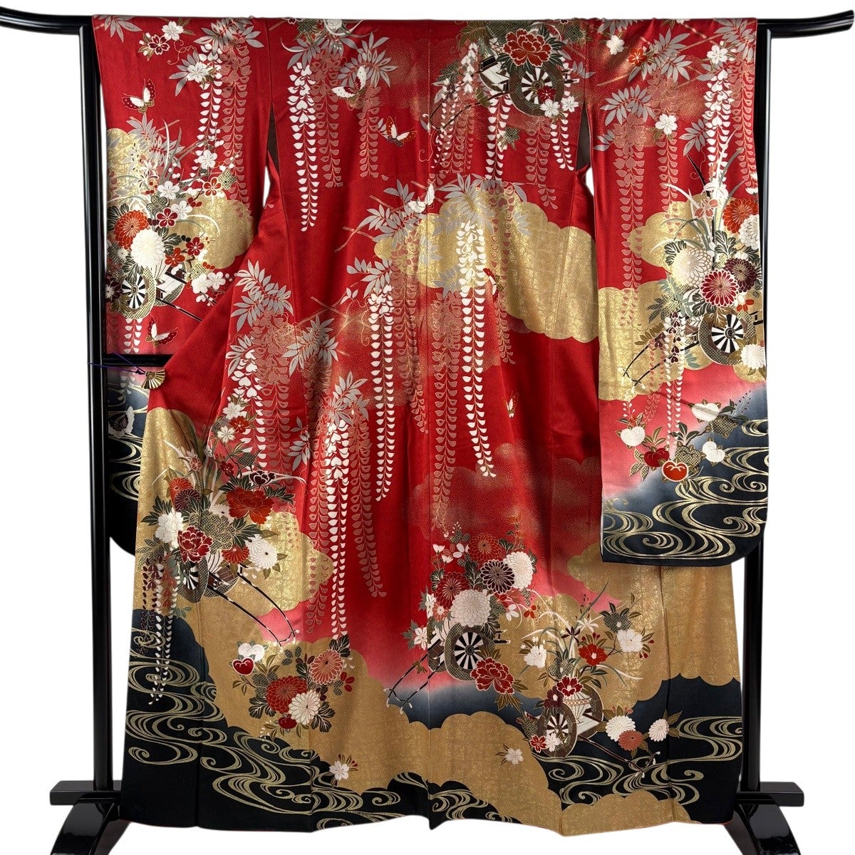 振袖 身丈162.5cm 裄丈64.5cm M 袷 花車 観世水 金糸 金彩 赤 正絹 秀