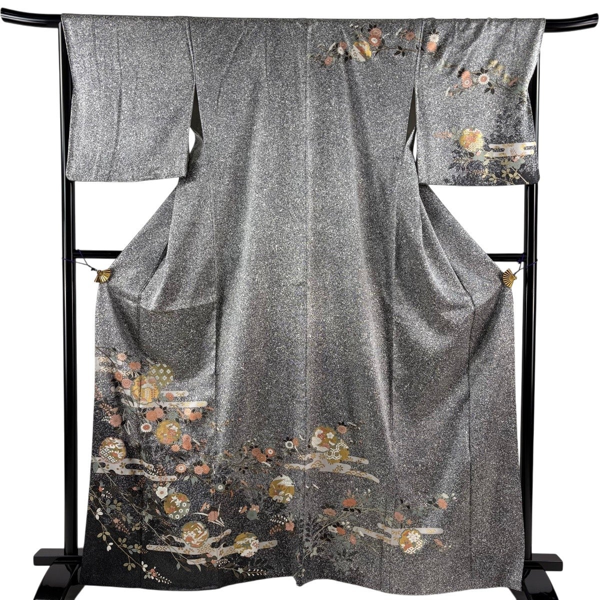 訪問着 身丈163.5cm 裄丈68cm L 袷 雪輪 松梅 金彩 黒灰 正絹 秀品
