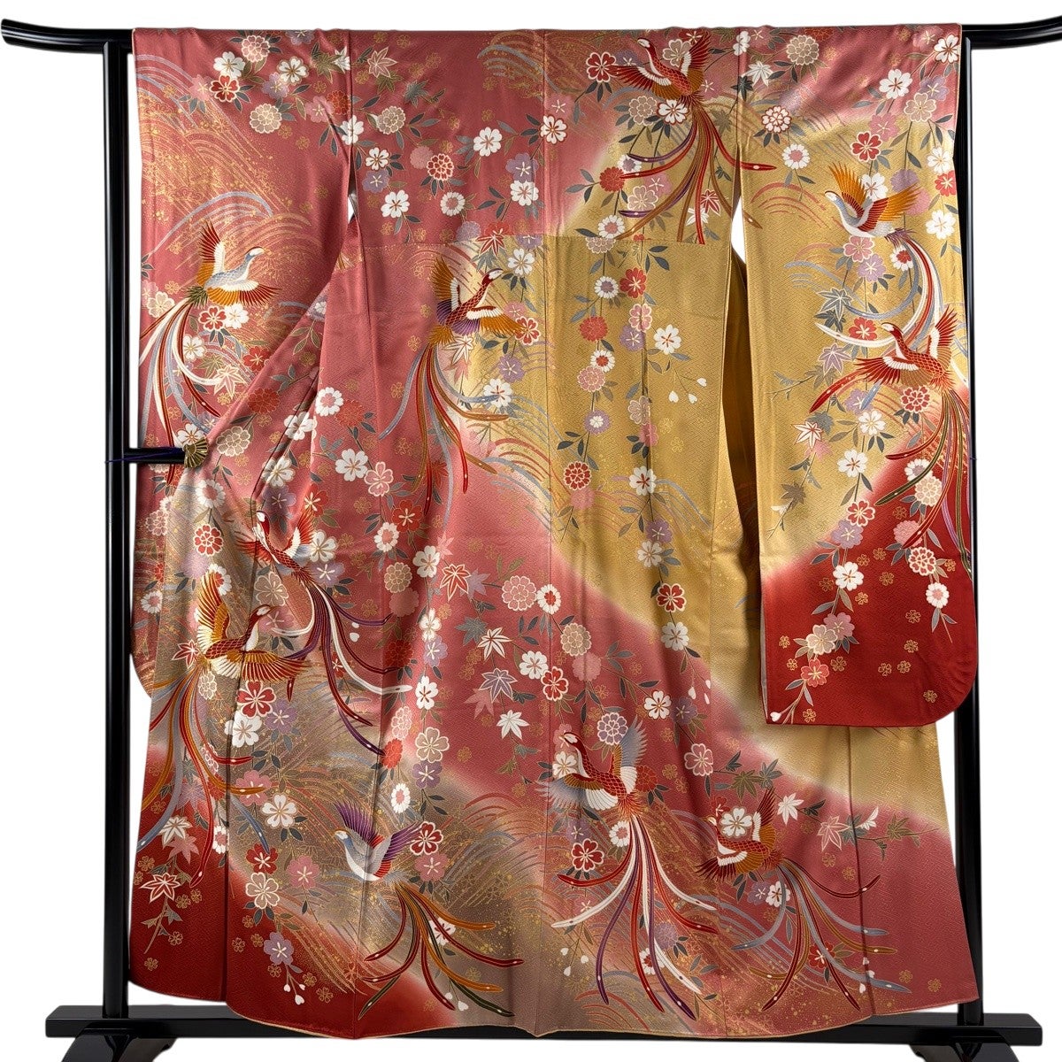 振袖 身丈157cm 裄丈63.5cm S 袷 尾長鳥 桜 金 金彩 ピンクベージュ 振袖 身丈157cm 裄丈63.5cm S 袷 尾長鳥 桜 金 金彩 ピンクベージュ