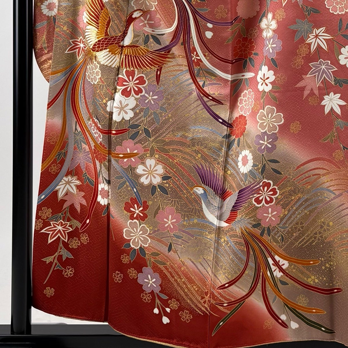 振袖 身丈157cm 裄丈63.5cm S 袷 尾長鳥 桜 金 金彩 ピンクベージュ