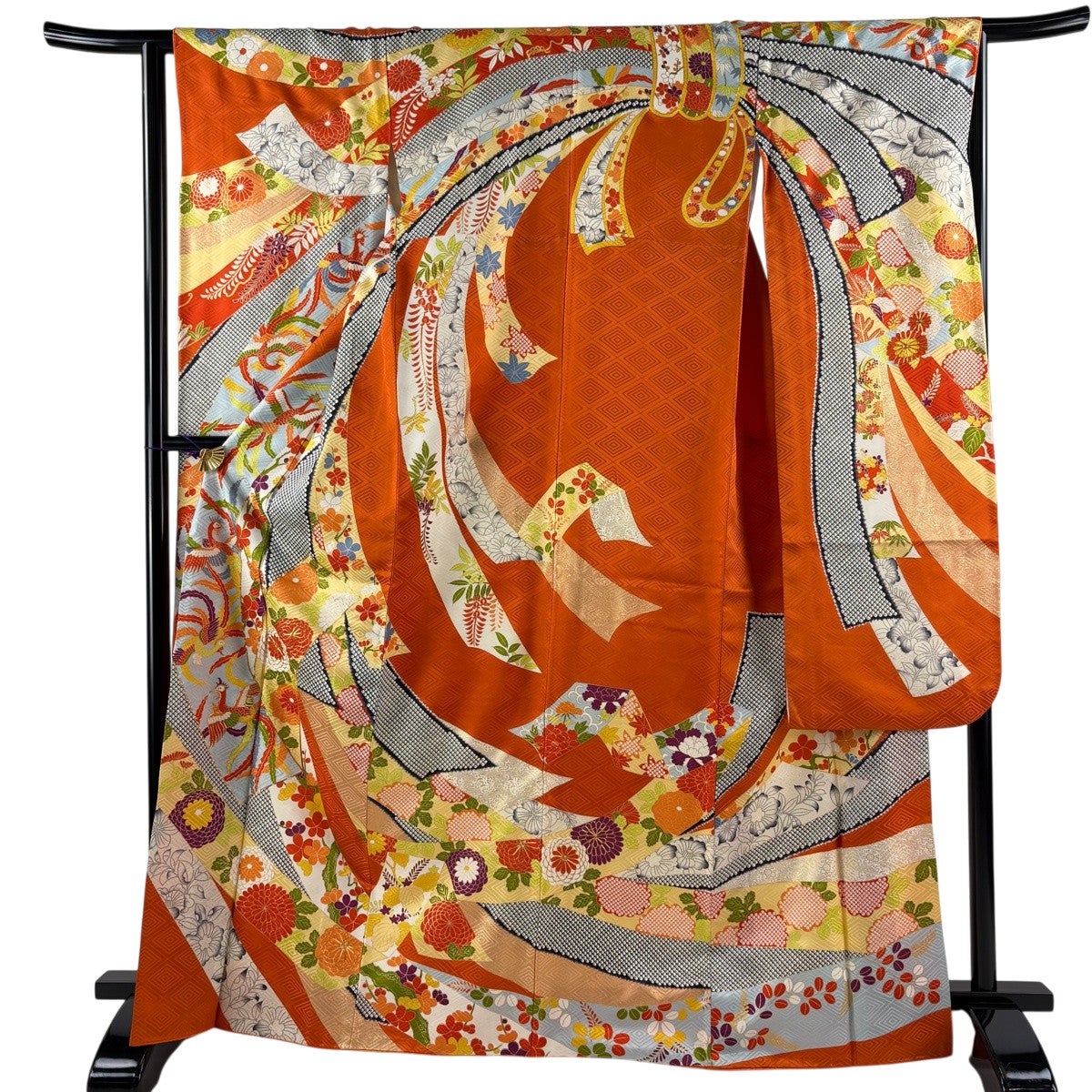 振袖 身丈167cm 裄丈64cm M 袷 鳳凰 菊 金彩 金糸 オレンジ 正絹 秀品