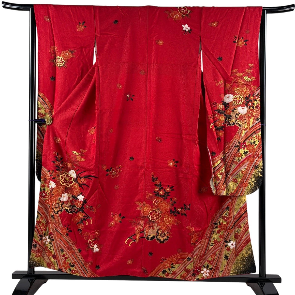 振袖 身丈155.5cm 裄丈64cm M 袷 花車 桜 銀通し 金彩 赤 正絹 秀品 振袖 身丈155.5cm 裄丈64cm M 袷 花車 桜 銀通し 金彩 赤 正絹 秀品