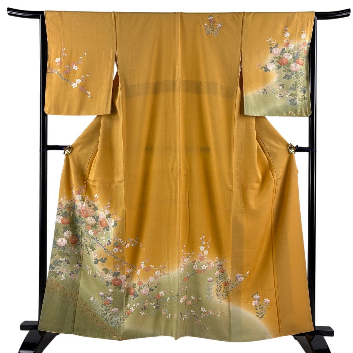 訪問着 身丈162cm 裄丈65cm M 袷 菊 枝梅 金彩 染め分け オレンジ 正絹
