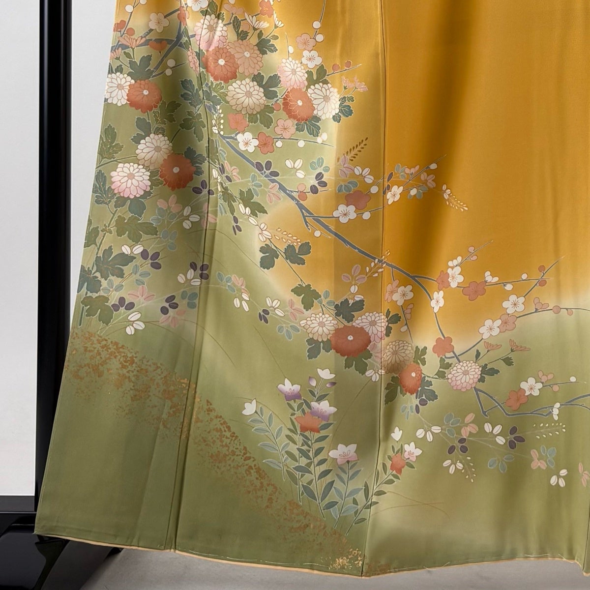訪問着 身丈162cm 裄丈65cm M 袷 菊 枝梅 金彩 染め分け オレンジ 正絹