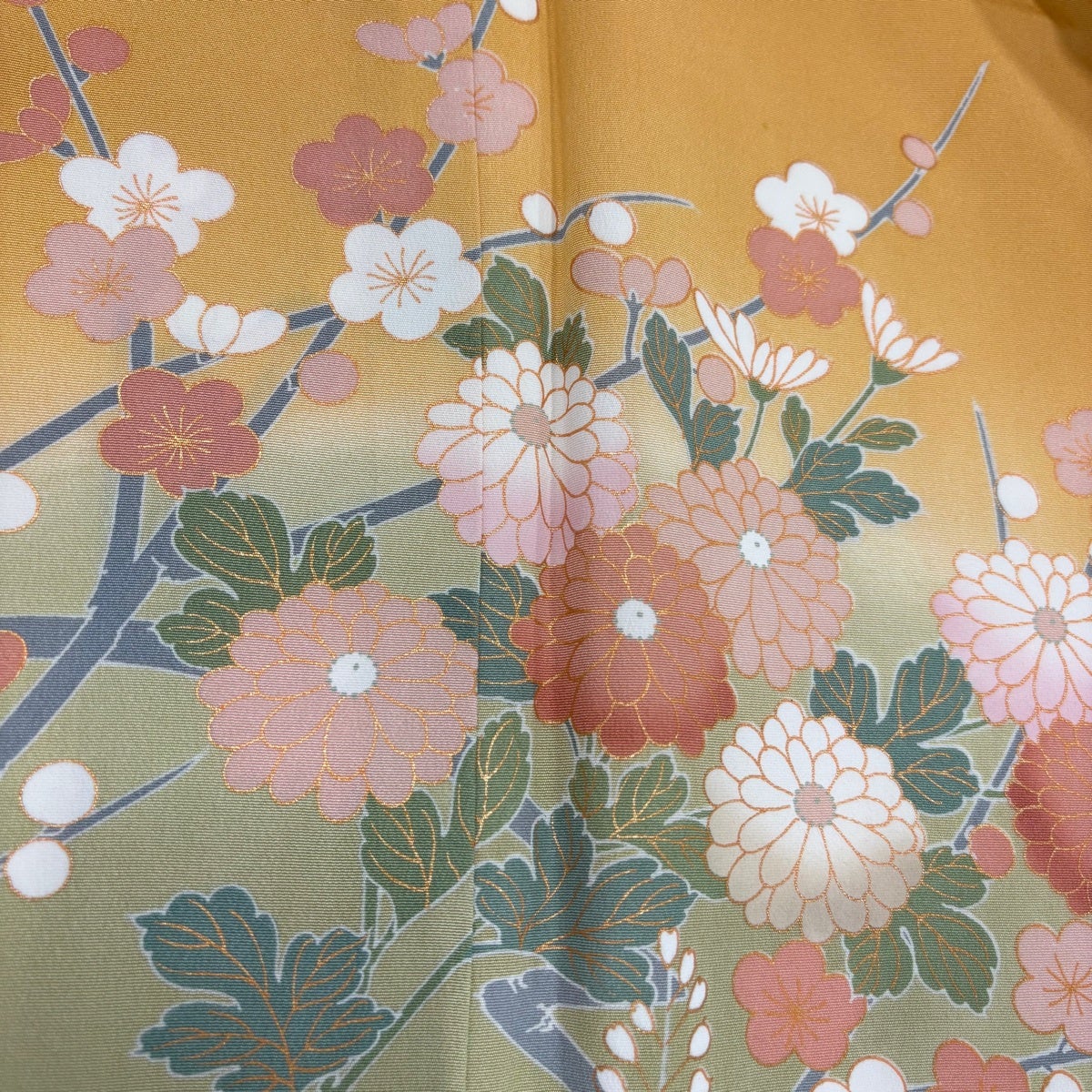 訪問着 身丈162cm 裄丈65cm M 袷 菊 枝梅 金彩 染め分け オレンジ 正絹