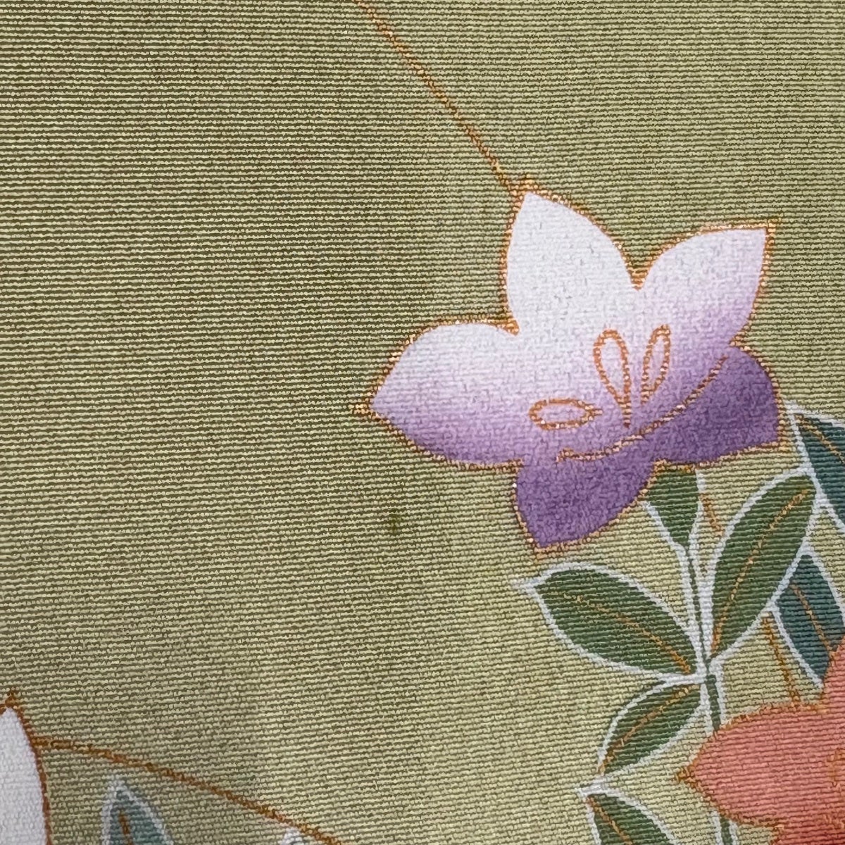 訪問着 身丈162cm 裄丈65cm M 袷 菊 枝梅 金彩 染め分け オレンジ 正絹