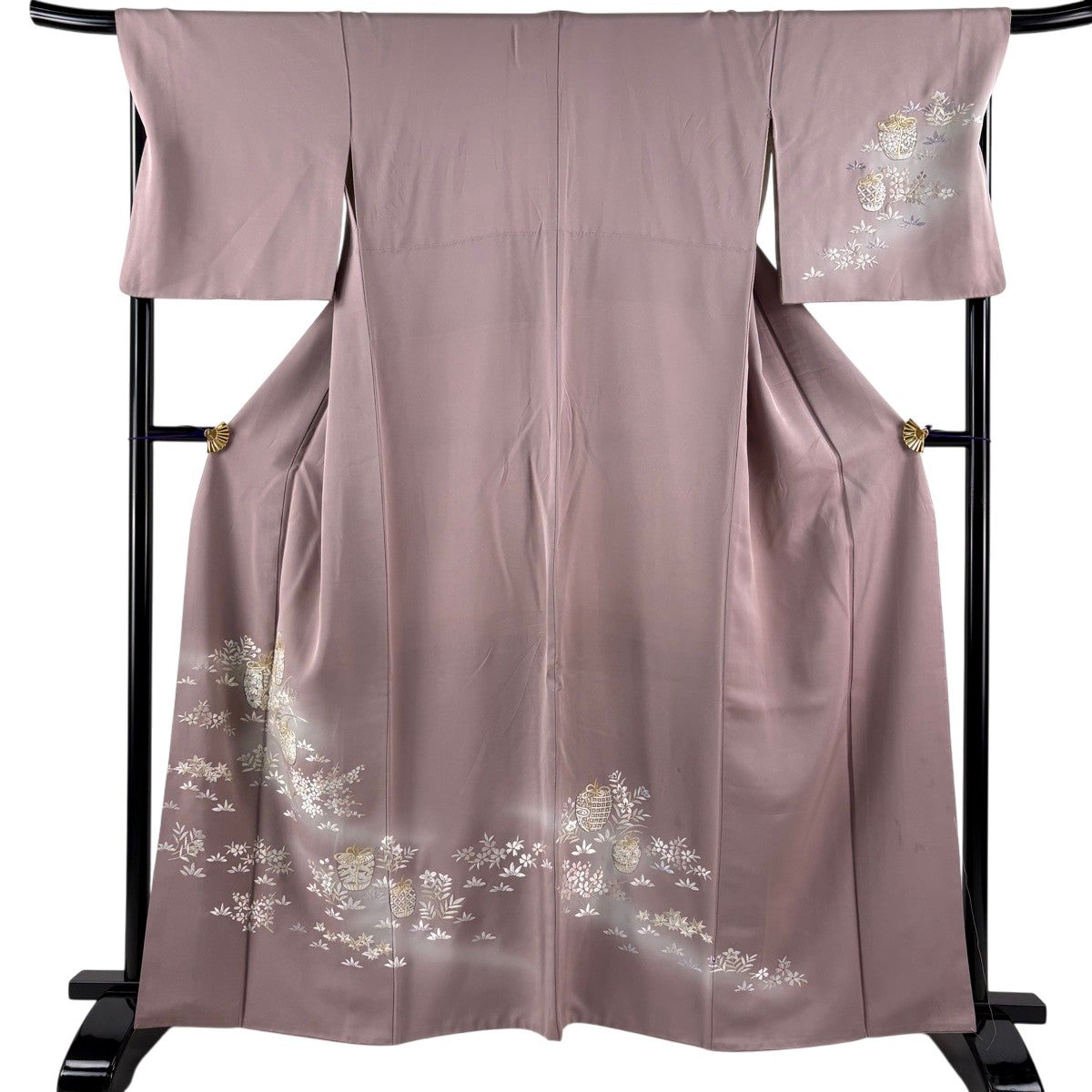 訪問着 身丈165cm 裄丈69cm L 袷 お仕覆 草花 金糸 刺繍 薄紫 正絹 秀