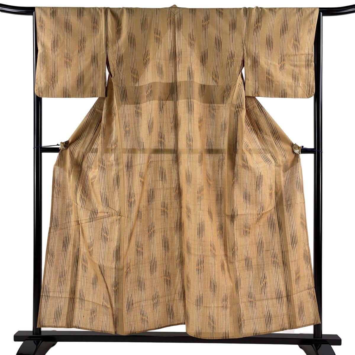 紬 身丈155cm 裄丈66.5cm M 単衣 縦縞 幾何学 ベージュ 正絹 秀品