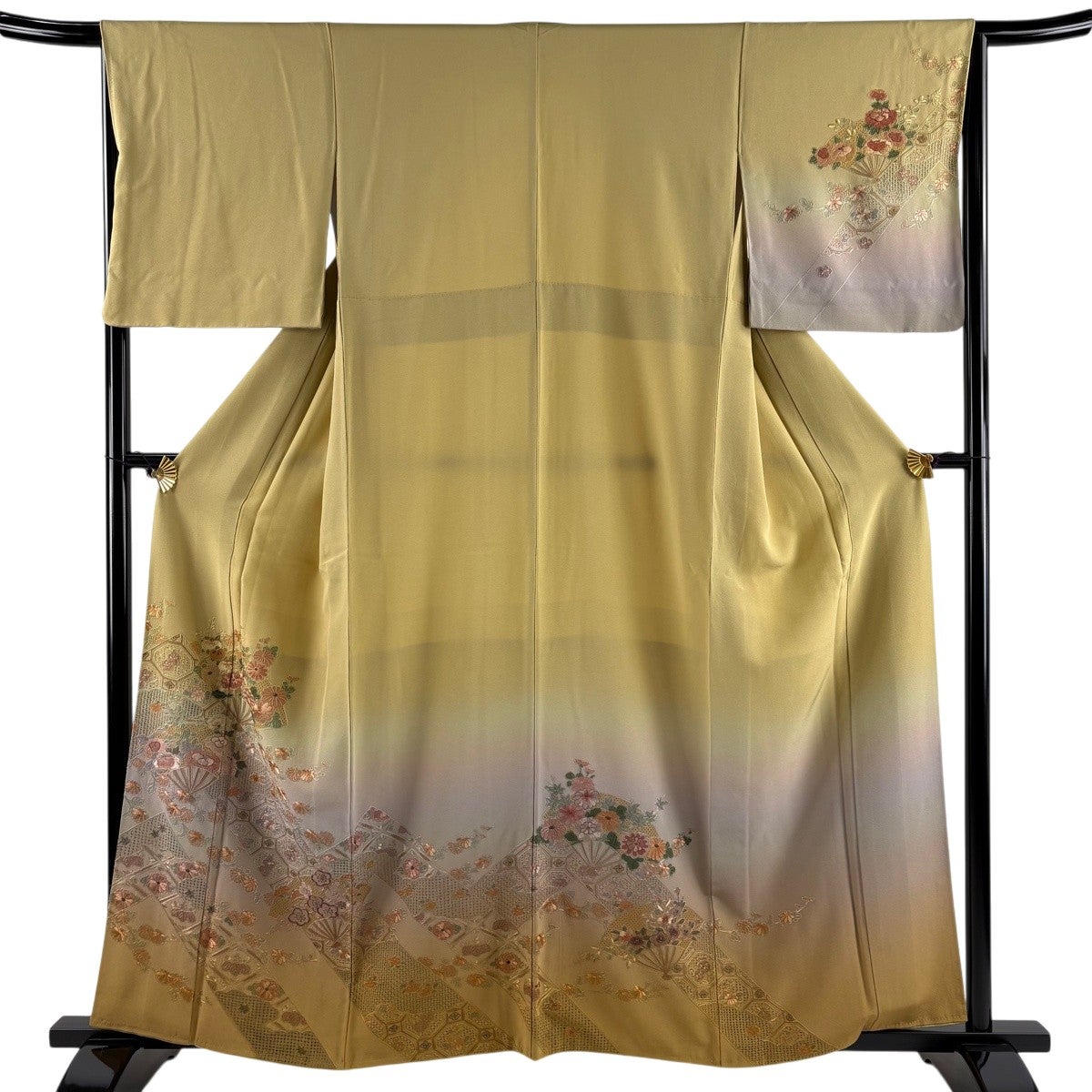 訪問着 身丈161cm 裄丈66cm M 袷 扇 草花 刺繍 銀糸 黄土色 正絹 秀品
