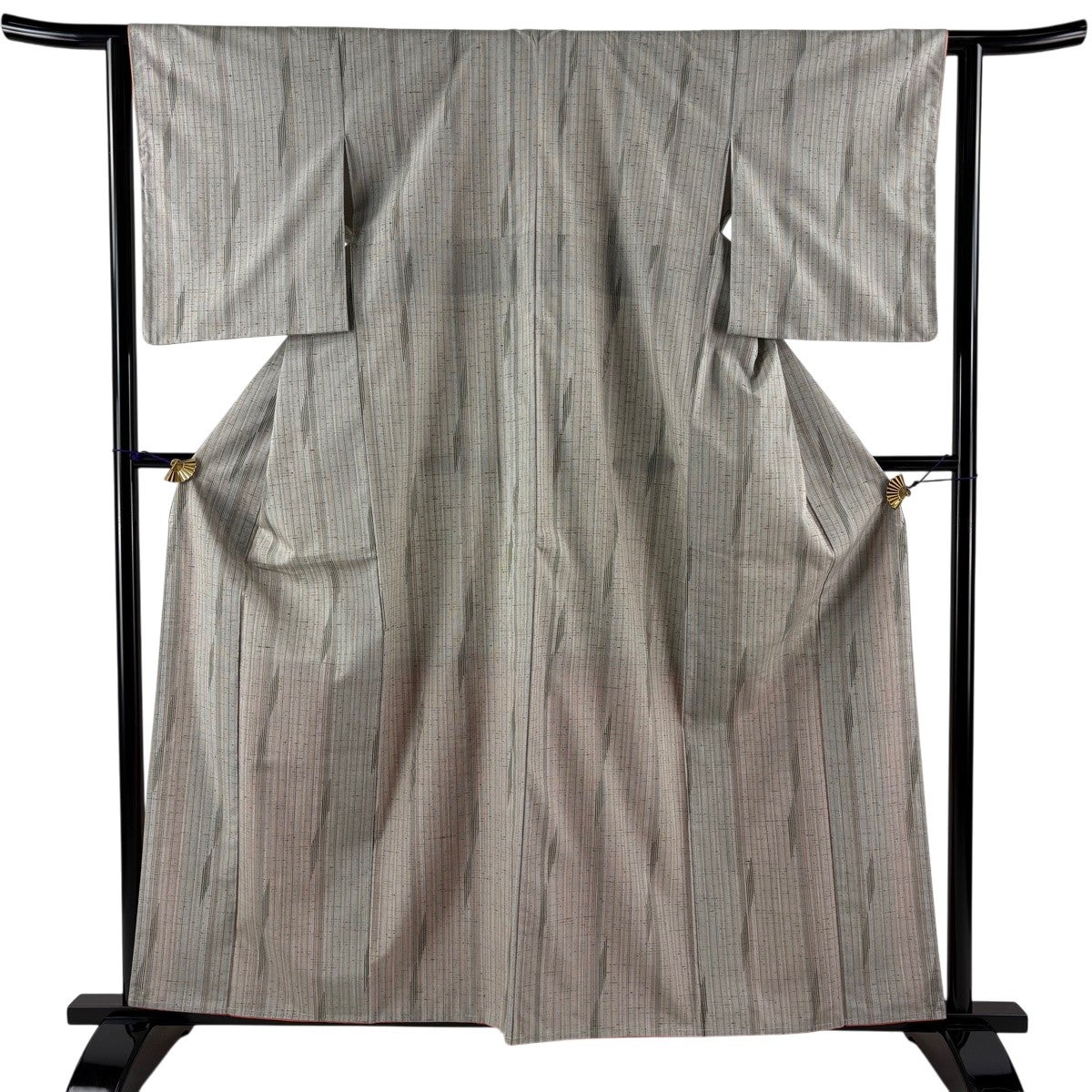 美品】 紬 身丈160cm 裄丈62.5cm S 袷 白鷹山ぜんまい糸 縞 幾何学模様