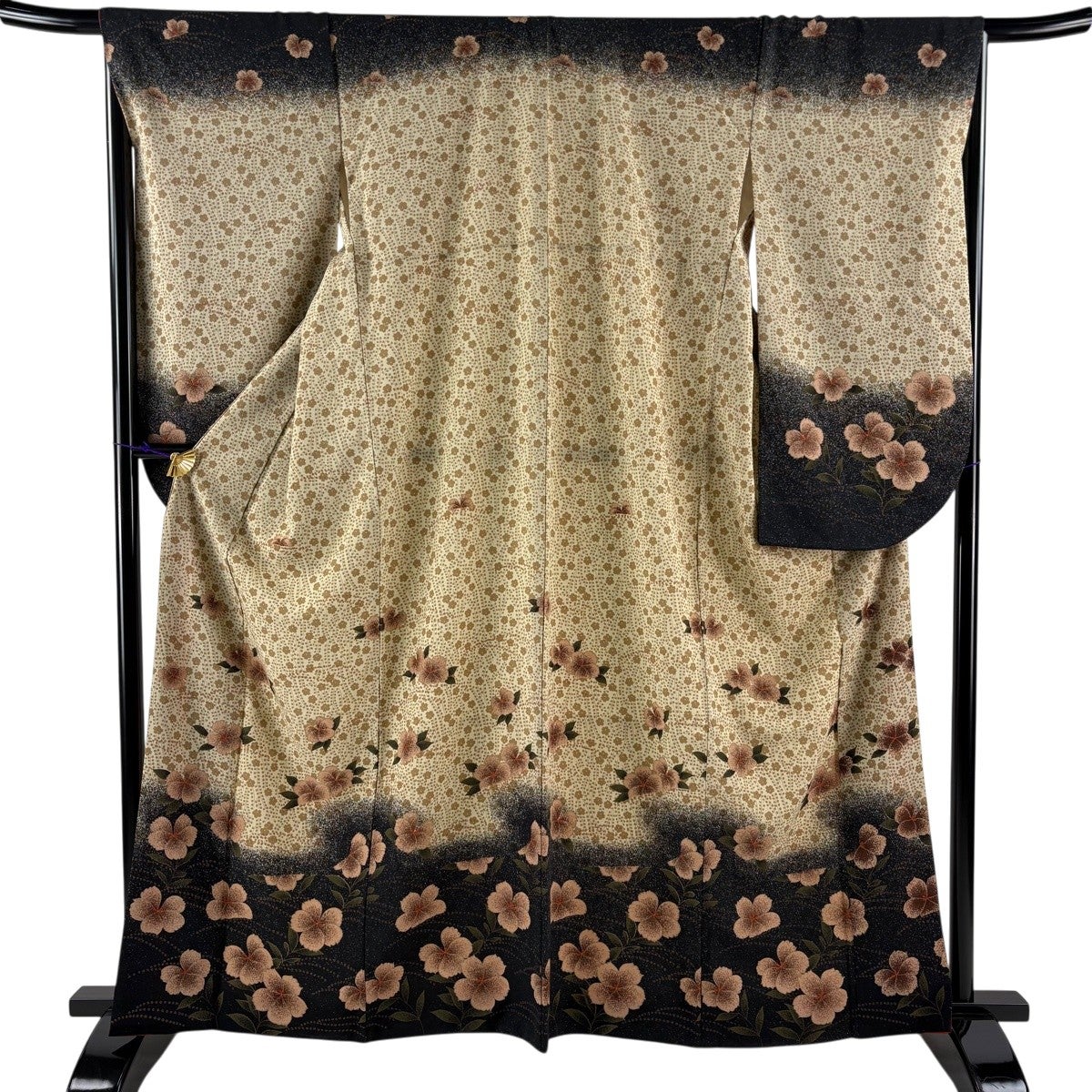 美品】 振袖 身丈163cm 裄丈68cm L 袷 草花 染め分け 薄茶色 化繊 優品