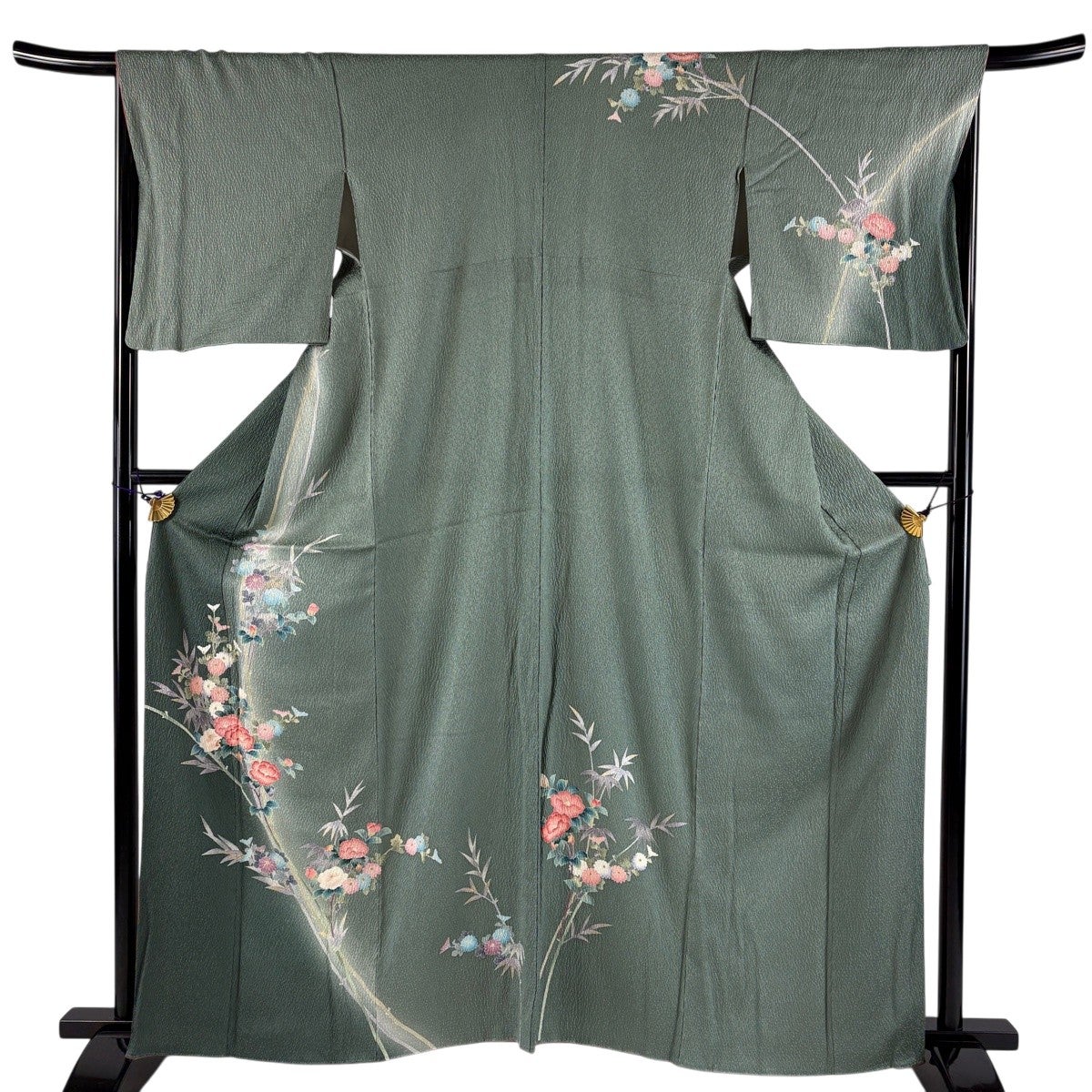 訪問着 身丈162.5cm 裄丈67cm M 袷 菊 椿 絞り ぼかし 灰緑 正絹 秀品