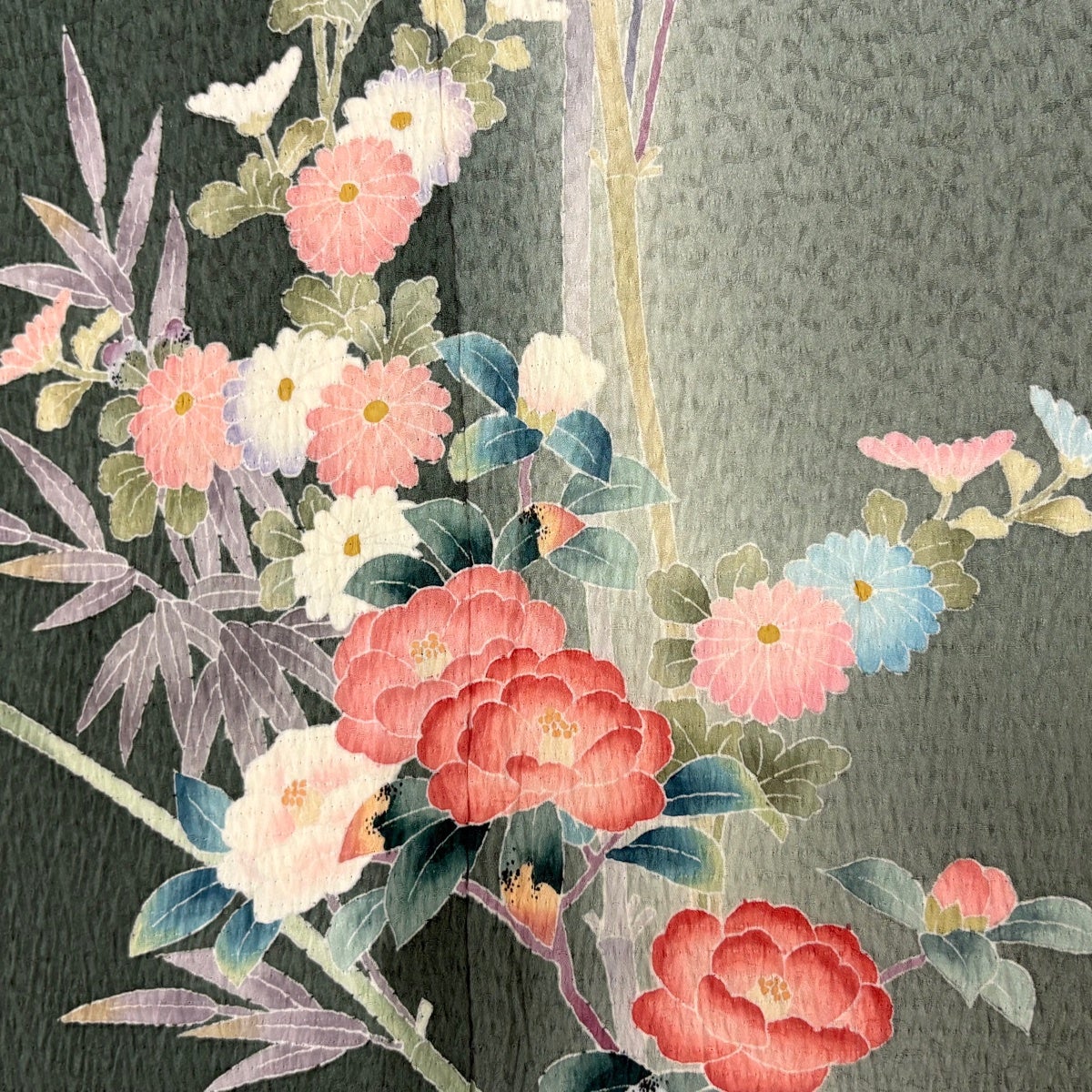 訪問着 身丈162.5cm 裄丈67cm M 袷 菊 椿 絞り ぼかし 灰緑 正絹 秀品
