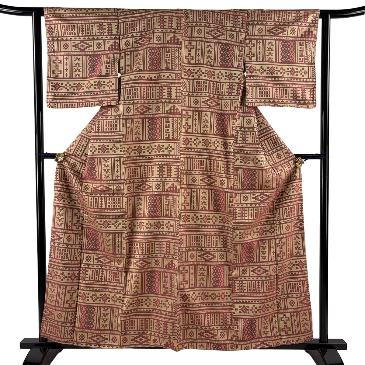 紬 身丈158cm 裄丈61.5cm S 袷 菱 縞 ベージュ 正絹 名品｜中古・古着