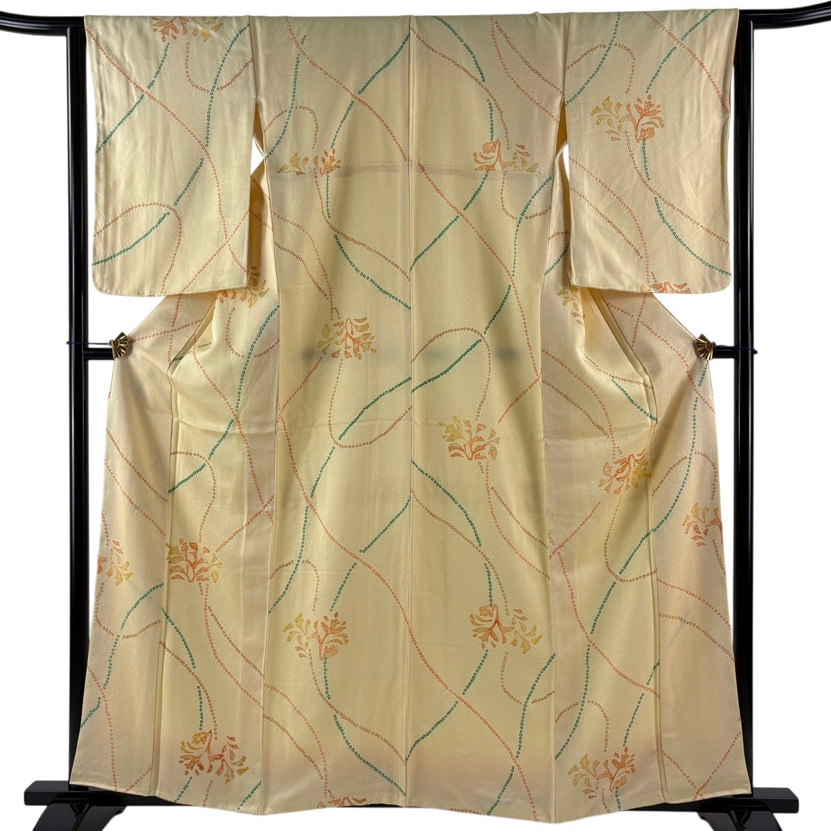 70%OFF 小紋 身丈157cm 裄丈62cm S 袷 草花 幾何学模様 黄土色 正絹 秀