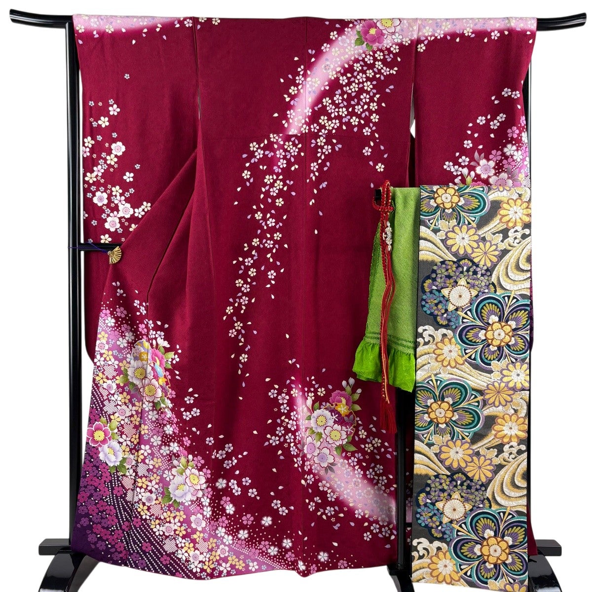 美品】 振袖 身丈169cm 裄丈68.5cm L 袷 袋帯フルセット やまと 草花