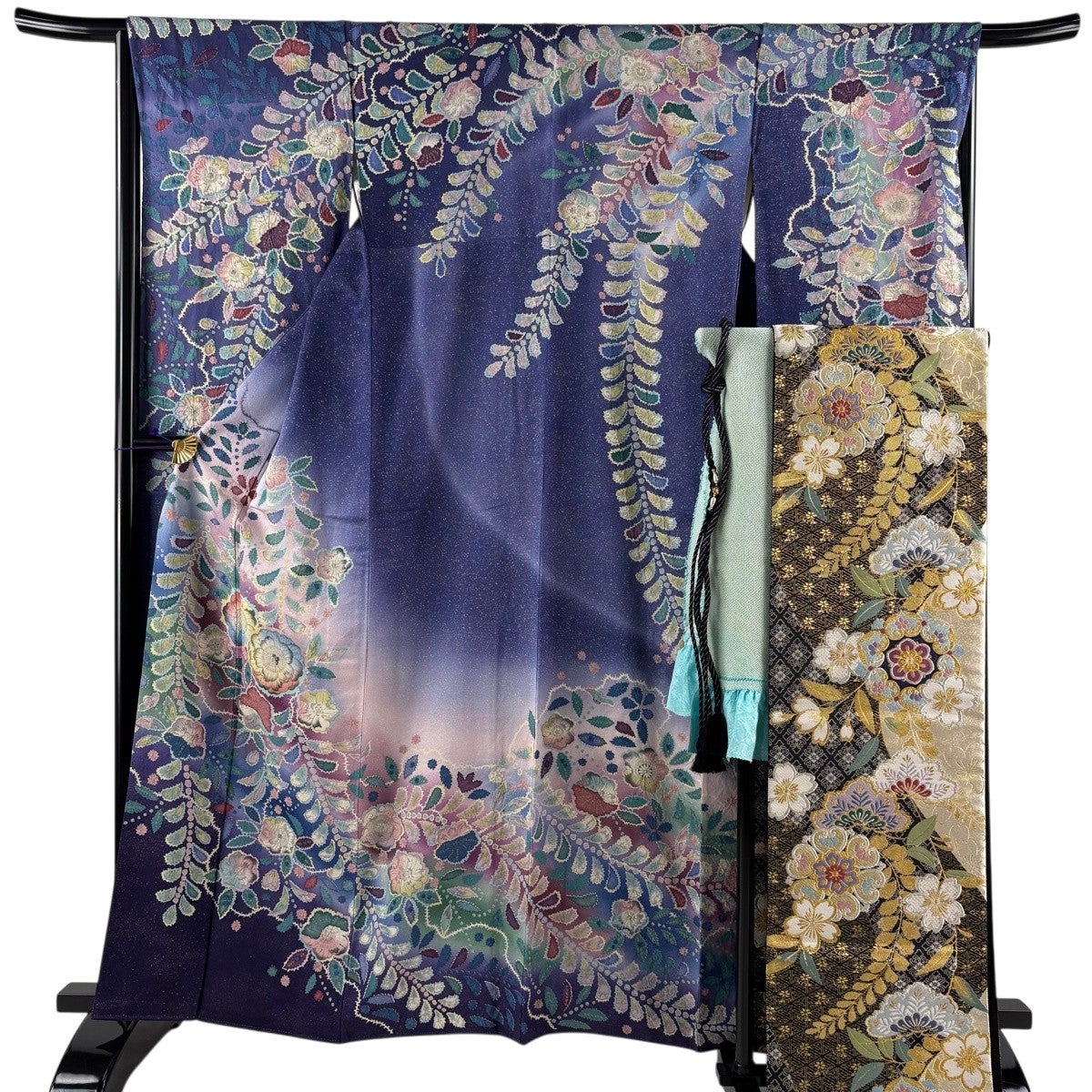 お振袖 紺紫　辻が花　正絹　美品 美品】 振袖 身丈162.5cm 裄丈66.5cm M 袷 袋帯フルセット 辻が花 金