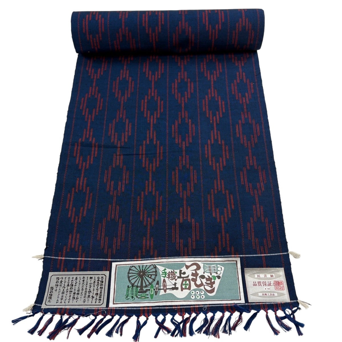 反物 秀品 紬 上田つむぎ 証紙 縞 幾何学模様 紺色 正絹｜中古・古着