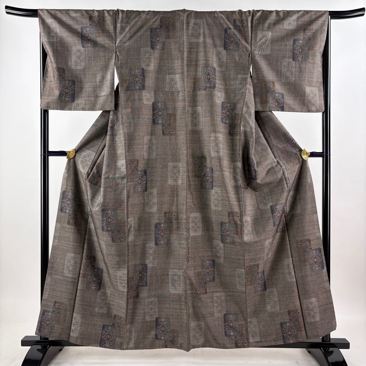 美品】 紬 身丈159.5cm 裄丈66.5cm M 袷 名古屋帯セット 色紙 花 灰茶
