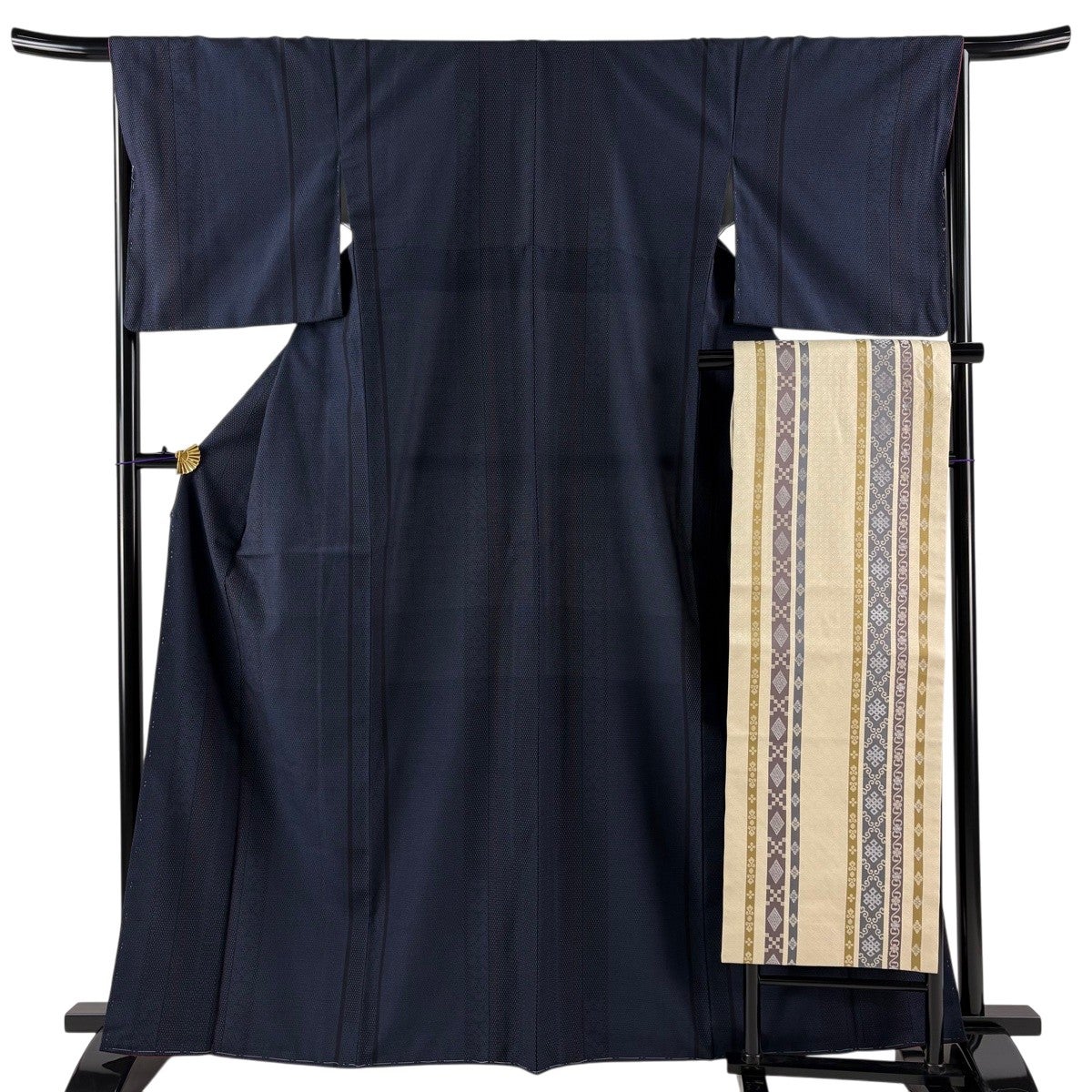 美品】 紬 身丈164.5cm 裄丈66.5cm M 袷 名古屋帯セット 縞 青海波