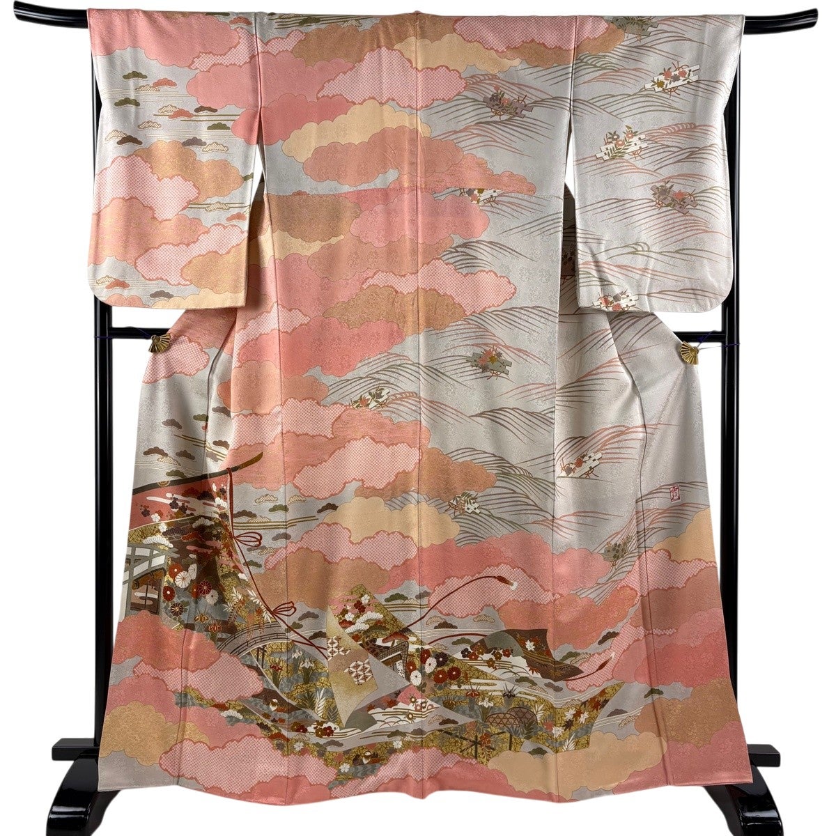 藤井寛 豪華総柄 松竹梅 茶系ピンク 訪問着 訪問着 身丈165cm 裄丈68cm L 袷 藤井寛 落款あり 几帳 松梅 金糸 金彩