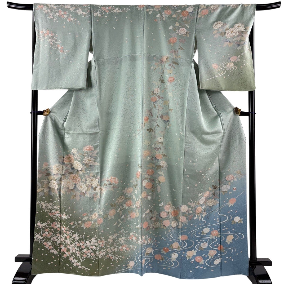 訪問着 身丈161.5cm 裄丈65cm M 袷 落款あり 枝花 霞 螺鈿 金彩 薄緑